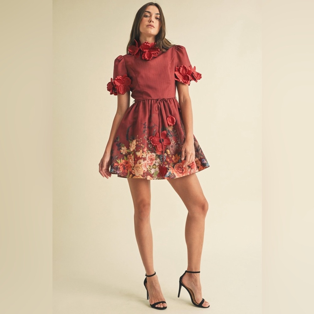 3D Floral Trim High Neck Short Sleeve Mini Dress - EB Luxe